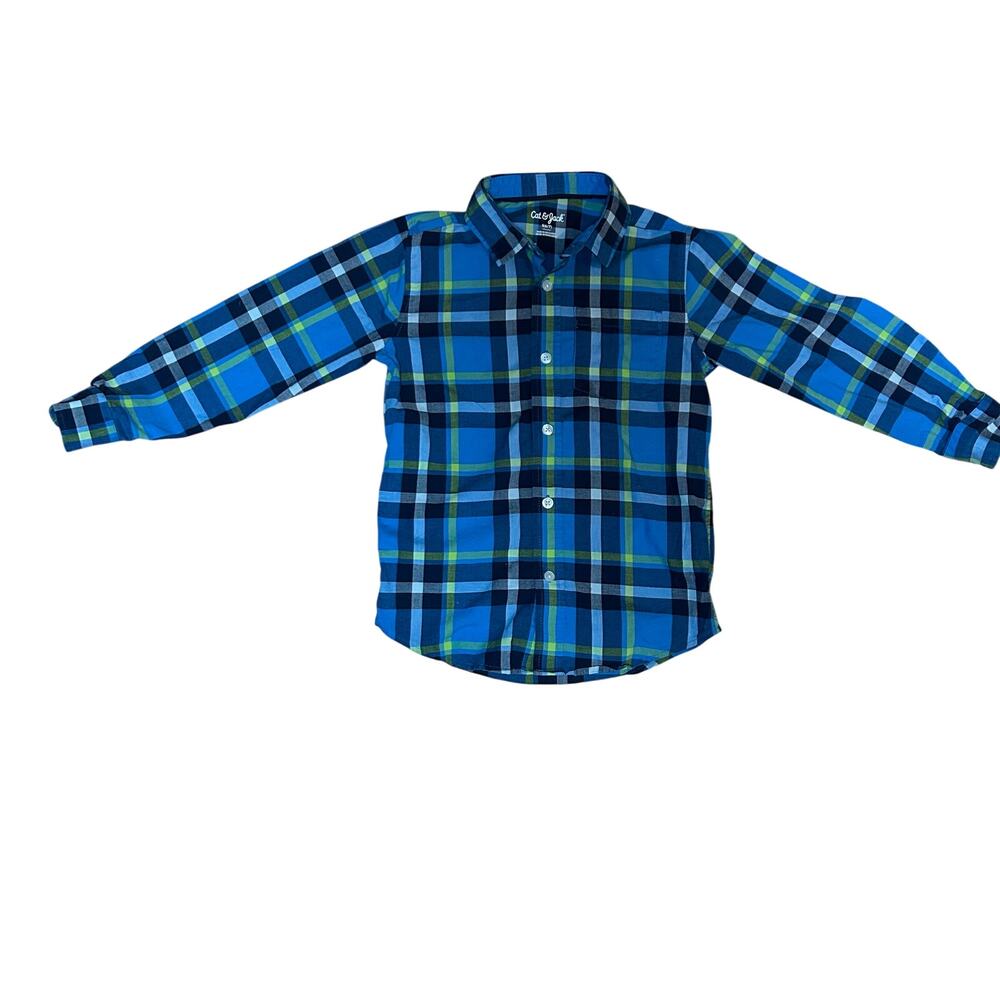 Cat & Jack Boys Blue Green Plaid Button Down S 6/7 FLAW